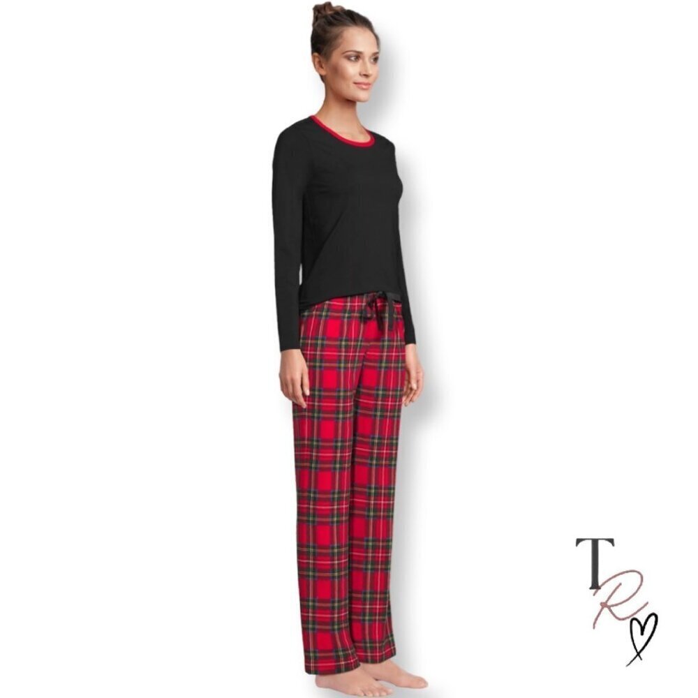 Lands’ End Women’s Cotton Pajama PJ 2 Piece Set Plaid Pants Black Size Small